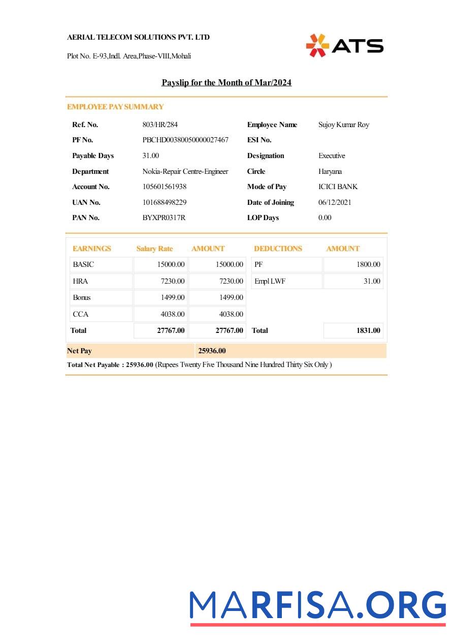 Downloadable Aerial Telecom Solutions payslip sample